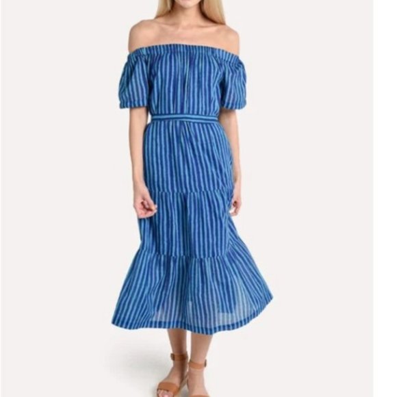 Oliphant Blue Striped Off The Shoulder Beach Boho Midi Dress - Picture 2 of 13